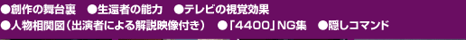  ●創作の舞台裏　●生還者の能力　●テレビの視覚効果　●人物相関図（出演者による解説映像付き）　●「4400」NG集　●隠しコマンド