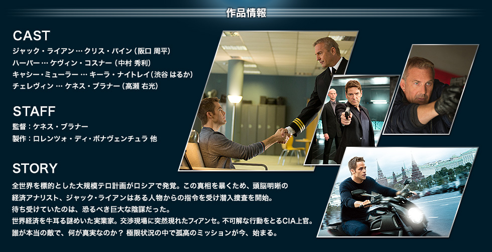 CAST ジャック・ライアン…クリス・パイン（阪口 周平）ハーパー…ケヴィン・コスナー（中村 秀利）キャシー・ミューラー…キーラ・ナイトレイ（渋谷 はるか）チェレヴィン…ケネス・ブラナー（高瀬 右光）STAFF監督：ケネス・ブラナー
製作：ロレンツォ・ディ・ボナヴェンチュラ 他
STORY 全世界を標的とした大規模テロ計画がロシアで発覚。この真相を暴くため、頭脳明晰の経済アナリスト、ジャック・ライアンはある人物からの指令を受け潜入捜査を開始。待ち受けていたのは、恐るべき巨大な陰謀だった。世界経済を牛耳る謎めいた実業家。交渉現場に突然現れたフィアンセ。不可解な行動をとるCIA上官。誰が本当の敵で、何が真実なのか？極限状況の中で孤高のミッションが今、始まる。